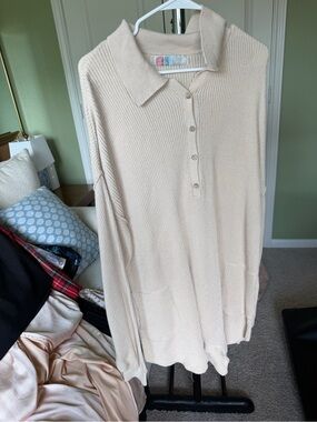 Free people beach Beige Ribbed Collared Button-Up Tunic Sweater romper